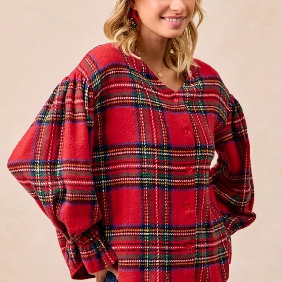 BiBi Christmas Plaid V-Neck Flounce Sleeve Jacket - Picture 10 of 15